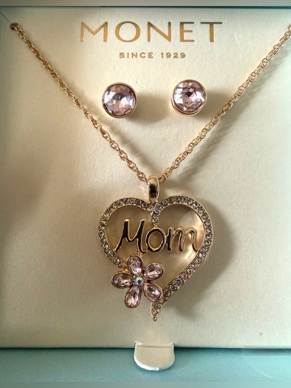 Monet Gold-Tone 'Mom' Heart Pendant Necklace and Pink Crystal Stud Earrings - Picture 7 of 8